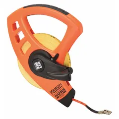 Manual open-reel long tape measure with a 50 m metric fiberglass blade, 2 mm thick, double-sided. Features a nonmagnetic double hook tip and plastic case. Suitable for hook-end measurement tasks in construction, surveying, and industrial layout where metal tapes may interfere with sensitive equipment.