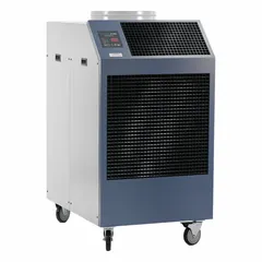 This heavy-duty portable air conditioner provides 60,100 BtuH cooling capacity for indoor use. It operates on 208/230V AC and includes an air filter. Suitable for spot cooling in large commercial or industrial spaces.