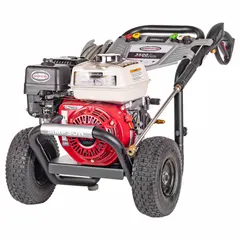 Gas-powered cold water pressure washer on a cart. Delivers 3,500 psi at 2.5 gpm. Powered by a Honda engine. Suitable for cleaning equipment, machinery, and surfaces in industrial and commercial settings.