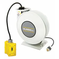 Self-retracting cord reel with ratchet lock mechanism. 45 ft of 12 AWG SJO cable. Feeder cord ends in NEMA 5-20P plug; retractable cord ends in NEMA 5-20R receptacle. For managing power delivery in workshops, assembly lines, and maintenance areas.