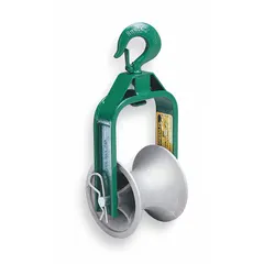 Hook-type cable pulling sheave constructed from steel. Features a 5-inch sheave width and 12-inch sheave diameter with a maximum pulling capacity of 4,000 lb. Used to guide and protect cables around bends during pulling operations in conduit or tray installations.