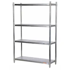 This stainless steel open metal shelving unit features solid shelves in a silver finish. Each shelf supports up to 600 lb, suitable for industrial storage in warehouses, factories, and maintenance facilities where corrosion resistance is required.