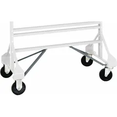 This mobile kit converts stationary bin rail racks into movable storage units, allowing flexible reconfiguration of storage layouts. The gray frame is designed to integrate with compatible bin rail racks. Typical applications include warehouses and industrial facilities where workflow efficiency and space optimization are required.