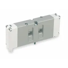 Four-way, two-position solenoid air control valve with single solenoid and solenoid return. Internal pilot operation. Type 15407-2. Directs compressed air to actuate pneumatic cylinders and actuators in industrial automation systems.