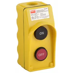 Plastic-enclosed pendant with two maintained push buttons (On/Off legend). 1NO/1NC contact configuration rated 10 A @ 600 V AC and 5 A @ 600 V DC. Suitable for remote control of industrial equipment such as hoists, conveyors, and cranes.