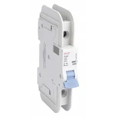 This 1-pole miniature circuit breaker from the NDB2T-63 series features a C-curve trip characteristic and is UL489 listed. Rated 10 A at 277V AC and 48V DC with a maximum interrupting rating of 10 kA at 277V AC. Terminals are lug type for secure wiring. Suitable for overcurrent protection in branch circuits, lighting circuits, and industrial control panels mounted on DIN rail.