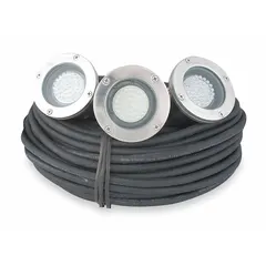 This fountain lighting system uses LED technology for underwater or fountain illumination in decorative water features, ponds, and landscape lighting. It operates at 120W and 115V AC, includes three LED bulbs, and has a 100 ft cord length for flexible installation.