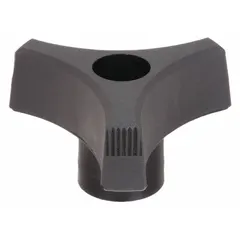 This 3-arm knob features a threaded through-hole for manual clamping, positioning, and adjustment on industrial machinery, jigs, and fixtures. Constructed of plastic with a steel thread insert, it has a 2.02 in diameter and 1/4"-20 thread size. The three-arm design provides a secure grip for frequent tightening or loosening in assembly, machining, and material handling applications.