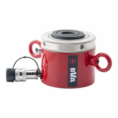 Low profile lock nut ram with 60 ton nominal capacity, 2 in nominal stroke length, and 13.42 sq in effective area. The lock nut design enables mechanical load holding at any point. Used for controlled lifting and sustained support in maintenance, construction, and heavy equipment repair.