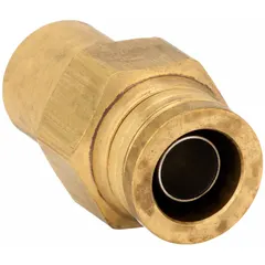 Brass push-to-connect adapter fitting with 3/8 in OD tube size and 1/8 in female NPT pipe thread. Used in pneumatic and air brake systems to connect tubing to threaded ports without tools.