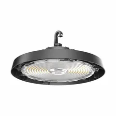 Round LED bay light delivering 36,000 lumens at 240 watts, replacing 2400 to 3600W fixtures. Operates on 120 to 277V AC with a 4000K color temperature (also selectable 3500K/5000K). Designed for mounting heights of 30 to 40 feet with a wide distribution pattern, suitable for industrial and commercial high-bay lighting applications.
