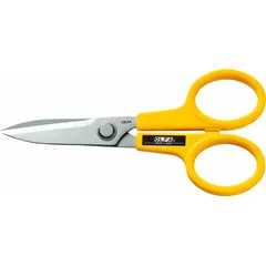 These plastic-handle scissors feature serrated, pointed stainless steel blades with a 7-inch overall length. The yellow foam handle accommodates both left- and right-handed users. Suitable for cutting fabric, cardboard, plastic, and similar materials in general workshop or light industrial tasks.