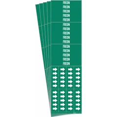 Green adhesive pipe marker with white 'Freon™' legend and directional arrows. Designed for pipes with outside diameter of 3/4 in and smaller. Each pack contains 5 markers, suitable for labeling refrigerant lines in industrial piping systems.