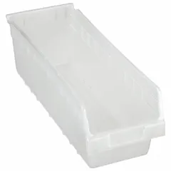 Clear plastic shelf bin for organizing small parts, components, and hardware on shelving in industrial warehouses, workshops, and assembly lines. Overall length 17 7/8 in, dimensions 6 5/8 in x 6 in. Clear construction enables visual identification of contents. Nesting-capable design saves space when not in use. Not hangable. Dividers not included.