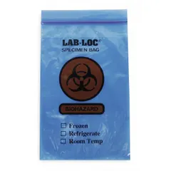 Dual Pouch Specimen Transfer Bag, Blue, 2 mil, 9 in, Biohazard Legend, Zipper Closure, Non-Sterile, 1,000 PK