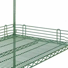 Polymer ledge for wire shelving systems, 48 inches long. Green epoxy-coated finish. Used to contain items on shelves, preventing them from falling off in storage environments such as commercial kitchens, warehouses, and retail spaces.