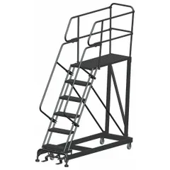 This rolling single-access platform features a fixed 5 ft platform height and a 24 in x 48 in steel platform with an 800 lb load capacity. It includes handrails and a foot-activated step lock for secure positioning. The gray, non-foldable unit is suited for stationary elevated access tasks such as maintenance, assembly, or warehousing.