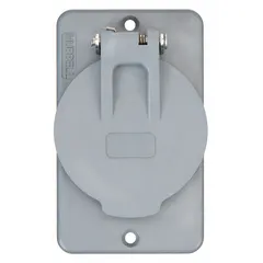 This portable outlet box cover is designed for single receptacles and carries a Type 3R rating for outdoor use. The gray cover protects electrical connections in damp or wet locations such as construction sites, temporary power setups, and industrial facilities.