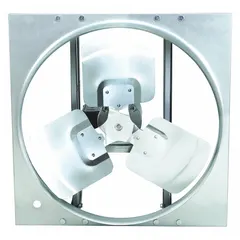 This direct-drive panel exhaust fan features a 24-inch blade and a 1/3 hp totally enclosed air-over motor, delivering 5,216 cfm at 115/230V AC single-phase. The galvanized steel frame with stamped construction provides corrosion resistance. Suitable for general ventilation in industrial and commercial spaces to remove heat, fumes, or stale air.