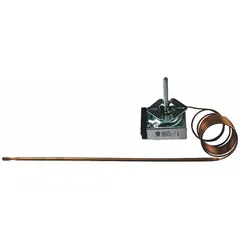 Electric thermostat for temperature regulation in HVACR systems. Suitable for use in commercial or industrial heating, cooling, refrigeration, and air conditioning equipment requiring precise temperature switching.