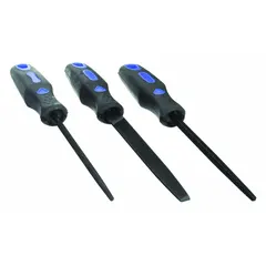 This 3-piece file set includes 6-inch Mill Bastard, Round Bastard, and Square Bastard files for shaping, smoothing, and deburring metal edges. Comes with a handle for secure grip and a pouch for organized storage and portability. Suitable for general maintenance, fabrication, and repair tasks.