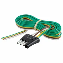 This 4-way rubber electrical plug connects trailer lighting to a tow vehicle, supporting turn signals, brake lights, and tail lights. The 16 ga wire gauge and rubber construction suit outdoor use on utility trailers, boat trailers, and light-duty towing applications.