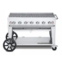 This wheeled gas grill features 6 burners with a total heating capacity of 99,000 BtuH. It accommodates a 20 lb tank and has an overall height of 36 inches and depth of 28 inches. Suitable for outdoor cooking applications such as catering events and large-scale food service