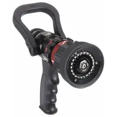 This adjustable gallonage fog nozzle from MOON AMERICAN features a rigid NST base and aluminum body. It activates by twist and delivers either a fog or straight stream spray pattern. Suitable for fire suppression applications requiring variable flow control.