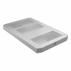 This equipment rack cooling fan is constructed of steel and operates on 100/240V AC. It measures 1-5/8 inches in height and 21-5/8 inches in width. Used for forced air circulation in industrial enclosures to manage heat buildup.
