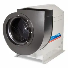 Direct-drive fume hood blower with a high-efficiency variable-speed motor operating at 1,250 RPM. Designed for outdoor installation, it features a 12 in inlet diameter and rectangular outlet. Suitable for exhausting hazardous fumes and airborne contaminants from laboratory fume hoods.