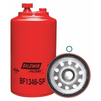 Spin-on fuel filter with cellulose media. Outside diameter 4 1/4 in, thread size 1"-14. Includes a 1/2 in - 20 sensor port thread. Used in diesel engine fuel systems for trucks and heavy-duty vehicles