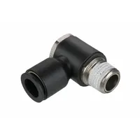 BSPT male thread to push-to-connect adapter for connecting 1/8" threaded ports to 8 mm OD tubing. Body is black nylon with nickel-plated brass insert. Used in pneumatic systems for air lines, actuators, and valves