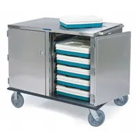 This LAKESIDE meal delivery cart is constructed of stainless steel with a silver finish and two doors. It is a non-pass-through model with an overall height of 46 inches and features two swivel casters with brakes. NSF certified, it is suitable for transporting trays in food service environments