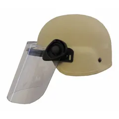Level IIIA aramid helmet with suspension system, tan finish, and integrated Paulson face shield. Fits hat size M. Provides ballistic protection against handgun rounds and splash/impact protection for tactical, law enforcement, and security applications.