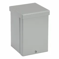 This WIEGMANN steel enclosure measures 6 in x 4 in x 4 in and features a NEMA 3R rating for outdoor or damp locations. It includes a solid painted screw-on cover and knockouts for conduit entry. Typical applications include housing electrical components such as terminals, relays, and control devices in industrial and commercial settings.