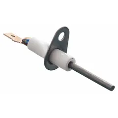 This flame sensor detects the presence of a flame in gas-fired heating equipment. It ensures the burner is lit before allowing gas flow, preventing unburned fuel accumulation. Used in furnaces, boilers, and rooftop units for safe combustion verification.