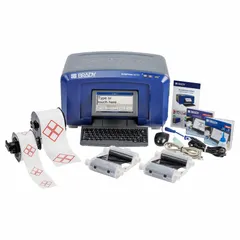 Standalone desktop printer for producing labels. Supports mobile device, PC, or standalone operation. Includes Brady Workstation Safety and Facility Identification Software Suite, a pre-printed GHS label, and two black ribbon cartridges.