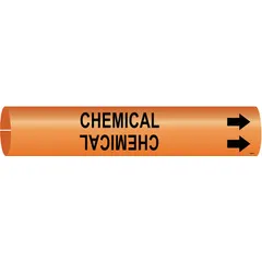 This snap-on pipe marker is designed for identifying chemical piping systems. It features an orange background with black legend text and includes directional arrows. The marker fits pipe outer diameters from 3/4 to 1-3/8 inches. Suitable for use in industrial facilities where clear pipe identification is required.
