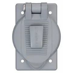 Gray polycarbonate weatherproof cover for receptacles. Single-gang, vertical mounting orientation, no enclosure. Designed to protect receptacles in outdoor or damp locations for industrial, commercial, and residential applications.