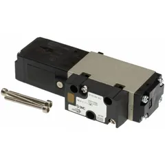 Five-way, two-position directional control valve from the VFS2000 series. Single solenoid with spring return, non-locking manual override, internal pilot, and plug-in electrical connection. Operates on 110V AC. Used to direct compressed air in pneumatic systems for actuating cylinders or other actuators in industrial automation.