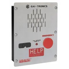 Stainless steel emergency call box with silver finish, designed for flush mounting in correctional and mental health facility speakerphone applications. Includes an emergency push button and is weather resistant for reliable two-way communication in demanding environments.