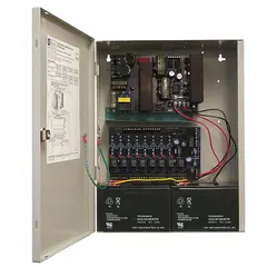 This power supply board with steel enclosure converts 115V AC input to 24VDC at 10A. It features eight PTC-protected outputs for distributing power to access control and security system components such as locks, panels, and peripherals.