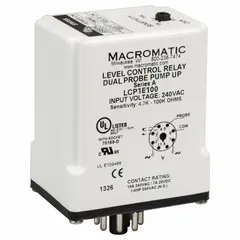 Socket-mounted liquid level relay with pump-up function for dual-probe level control. Rated 10 A at 240V AC and 7 A at 28V DC. 8-pin terminal connection. Used to energize a pump when low liquid level is detected in tanks or sumps.