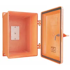 This orange plastic enclosure is rated NEMA 4X for weatherproof and corrosion-resistant performance. Designed for surface mounting, it accommodates wall telephones and includes a modular jack. Suitable for outdoor or harsh environments where a weatherproof telephone is required.