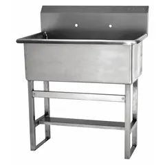 This one-station freestanding hand sink is constructed of 14-gauge stainless steel. It features a 22-inch bowl length, 10 1/2-inch bowl depth, and two faucet holes. Side splash is not included. Suitable for commercial handwashing applications.