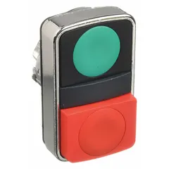 Metallic multihead push-button operator with two momentary-contact buttons in an extended profile. Suitable for industrial control panel applications requiring two-button actuation, such as machine start/stop or mode selection. Non-illuminated design for environments where visual indication is not needed.