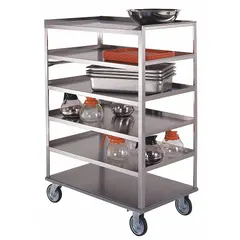 This stainless steel banquet cart from LAKESIDE features four shelves with back and side edges to secure platters during transport. It includes a handle for maneuvering and has a 500 lb maximum load capacity. Suitable for transporting and serving food in commercial kitchens, hotels, and catering operations.