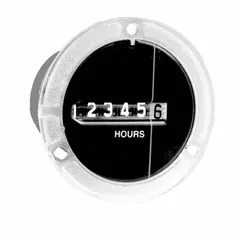 Analog hour meter for front panel mounting with a round bezel. Operates on 90 to 115 V AC. Complies with UL standards. Tracks total operating hours for industrial equipment such as generators, pumps, and machinery, supporting maintenance scheduling and warranty tracking.