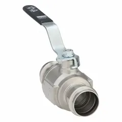 This manual two-way ball valve is constructed from 316 stainless steel for corrosion resistance. It has a 1 1/4 in nominal size and features a locking lever for secure shut-off. Suitable for use in industrial piping systems such as HVAC, plumbing, and process lines.