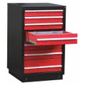 This modular drawer cabinet from APPROVED VENDOR features a frame base and a black/red finish. It includes 7 drawers with a total of 66 compartments, arranged as 9 compartments per drawer in 6 drawers, and one drawer with a 6-3/4 in inside height. Suitable for organizing small parts, tools, and components in industrial workshops, maintenance facilities, and assembly lines.